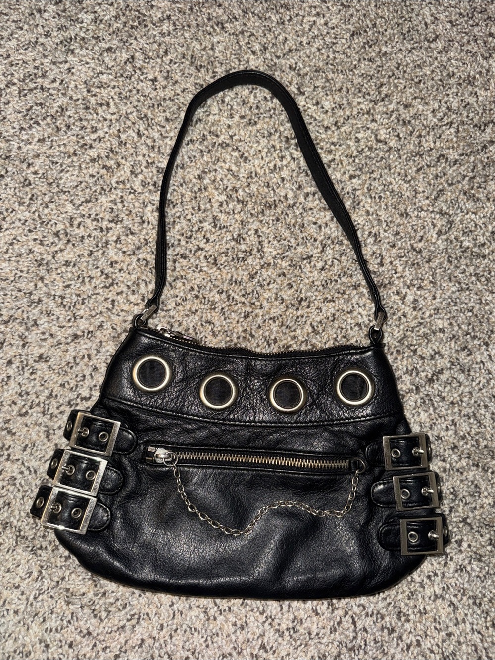 Vintage Black Wilson’s Leather Shoulder Bag with Silver Grommets